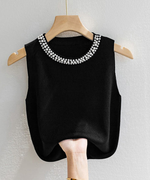 パール付きトップスノースリーブニット夏服 袖なしサマーニットレディース インナートップスきれいめ プルオーバーニットシンプルおしゃれ オフィスカジュアル トップス 2XIAOLL-001